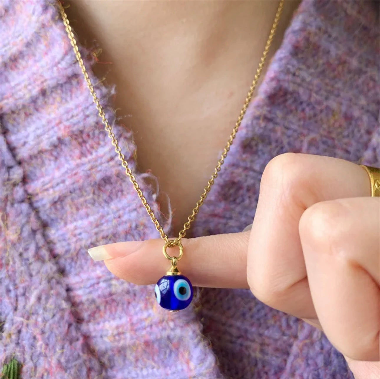 Stainless Steel Good Luck Protection Necklace Gift Fashion Three Sides Evil Blue Eye Pendant Necklace for Women