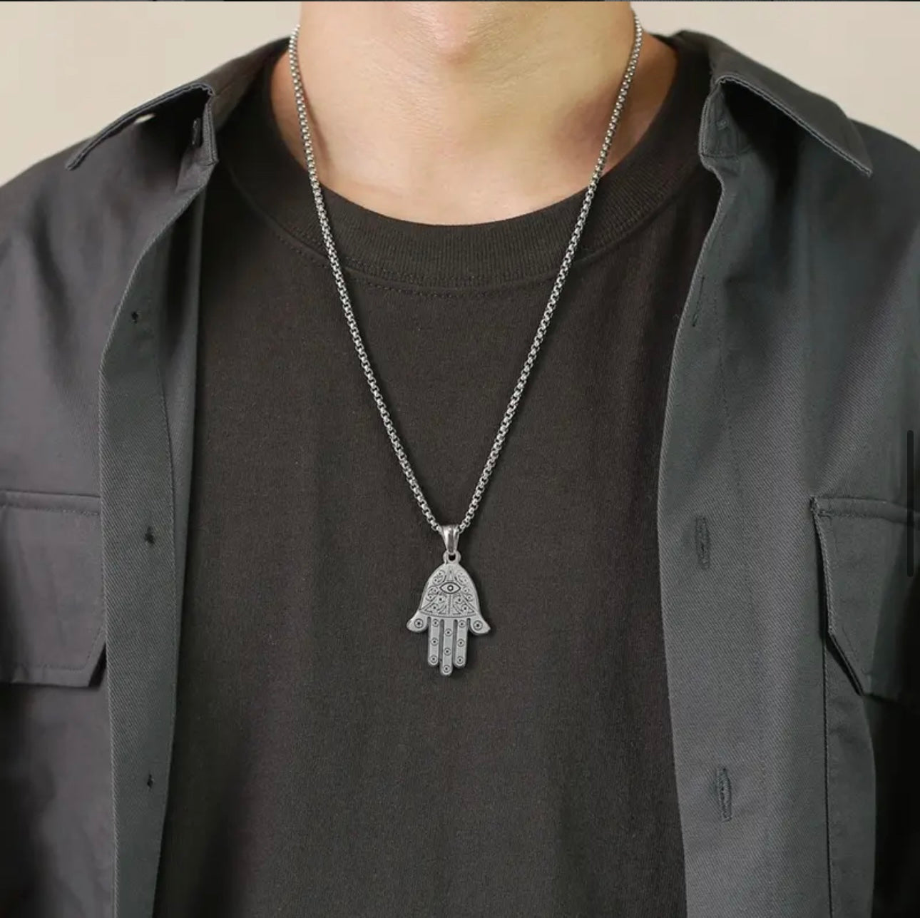 Stainless Steel hand of Fatima khamsa Pendant Necklace for Protection, Luck and success