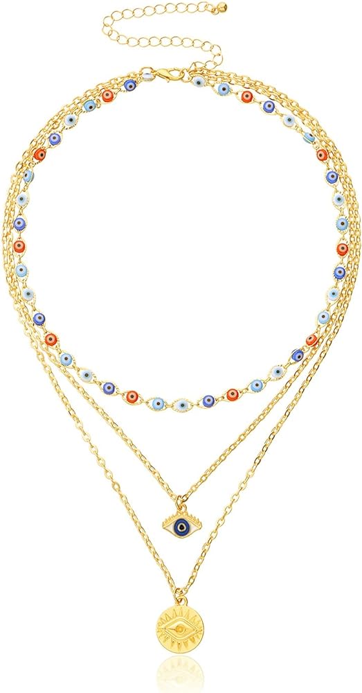 Dainty Layered Evil Eye Necklace Gold Plated stainless Steele with a Blue Eye Pendant and Multilayered and Adjustable Layering Choker Necklaces.