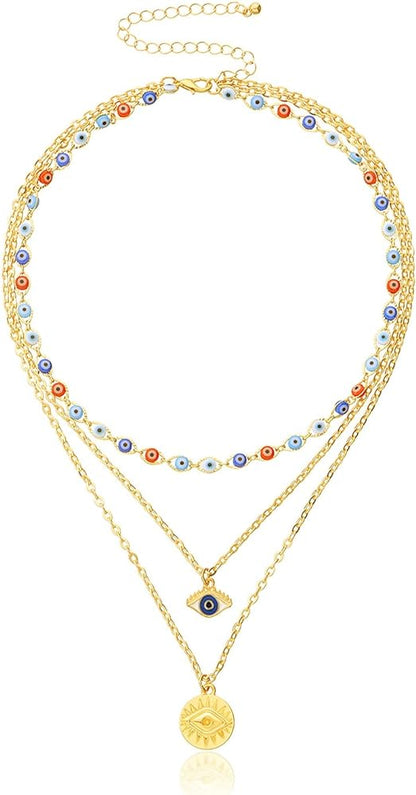 Dainty Layered Evil Eye Necklace Gold Plated stainless Steele with a Blue Eye Pendant and Multilayered and Adjustable Layering Choker Necklaces.