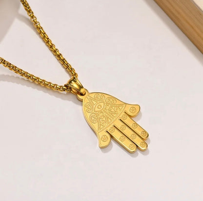 Stainless Steel hand of Fatima khamsa Pendant Necklace for Protection, Luck and success