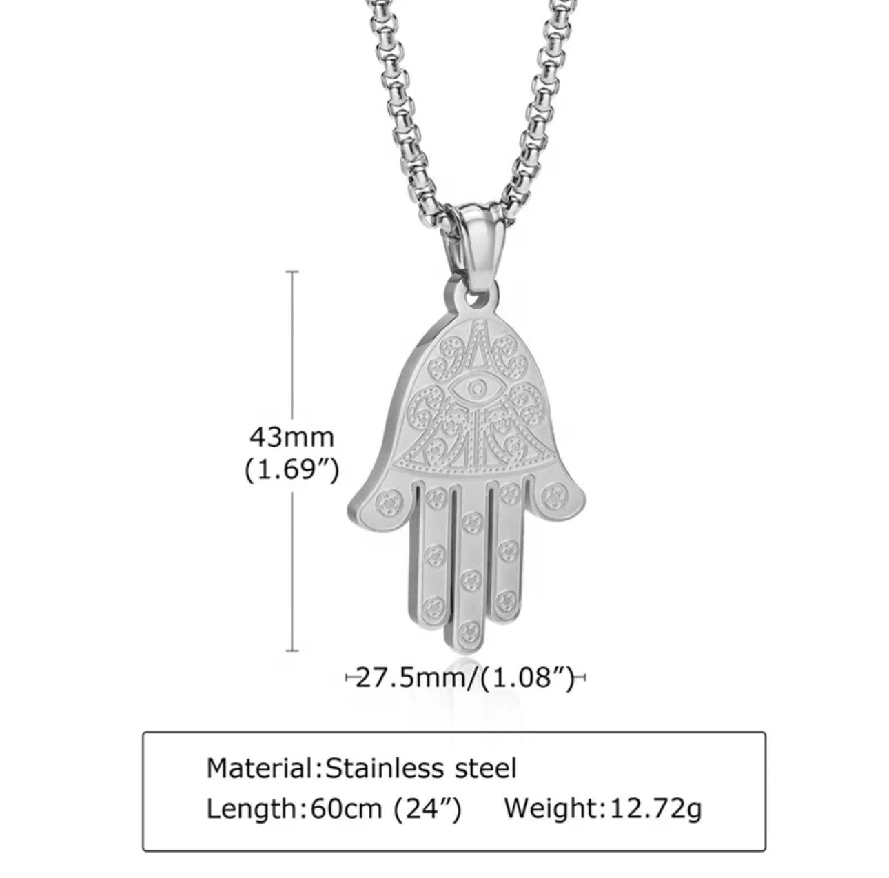 Stainless Steel hand of Fatima khamsa Pendant Necklace for Protection, Luck and success