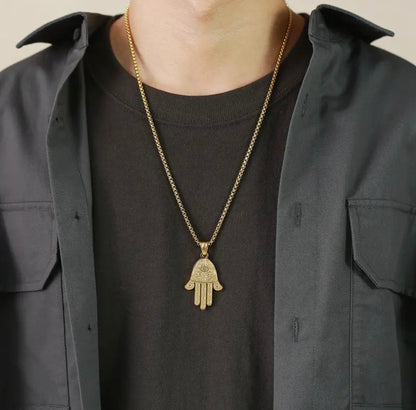 Stainless Steel hand of Fatima khamsa Pendant Necklace for Protection, Luck and success
