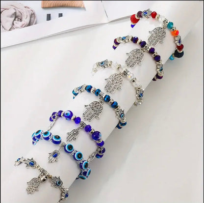 Unisex Hamsa Hand of Fatima Beaded Charm stretch Bracelets with Blue evil Eye amulet for Luck, Protection, and Blessings
