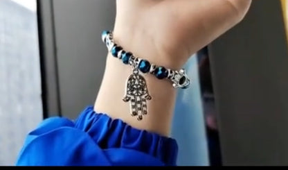 Unisex Hamsa Hand of Fatima Beaded Charm stretch Bracelets with Blue evil Eye amulet for Luck, Protection, and Blessings