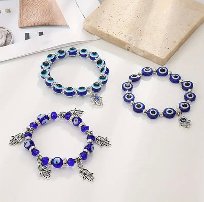 Unisex Hamsa Hand of Fatima Beaded Charm stretch Bracelets with Blue evil Eye amulet for Luck, Protection, and Blessings