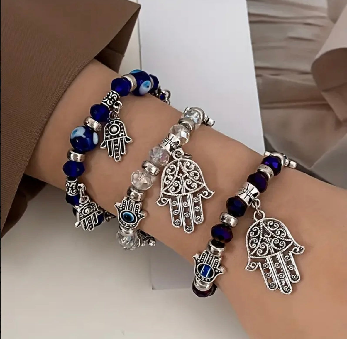Unisex Hamsa Hand of Fatima Beaded Charm stretch Bracelets with Blue evil Eye amulet for Luck, Protection, and Blessings