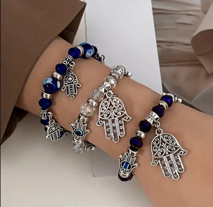 Unisex Hamsa Hand of Fatima Beaded Charm stretch Bracelets with Blue evil Eye amulet for Luck, Protection, and Blessings