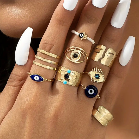 Stainless Steel Gold Plated Fashion Design Trendy Turquoise Evil Eye Rings