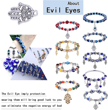 Unisex Hamsa Hand of Fatima Beaded Charm stretch Bracelets with Blue evil Eye amulet for Luck, Protection, and Blessings